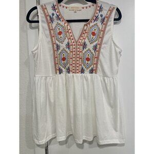 Solitaire Women’s Top Size Medium Boho Beige Embroidered Baby Doll Loose Fit